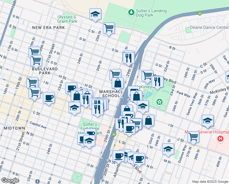 map of restaurants, bars, coffee shops, grocery stores, and more near 2805 H Street in Sacramento