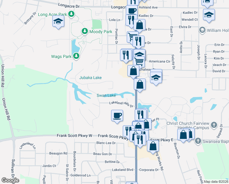 map of restaurants, bars, coffee shops, grocery stores, and more near 119 Lakeland Hills Drive in Fairview Heights