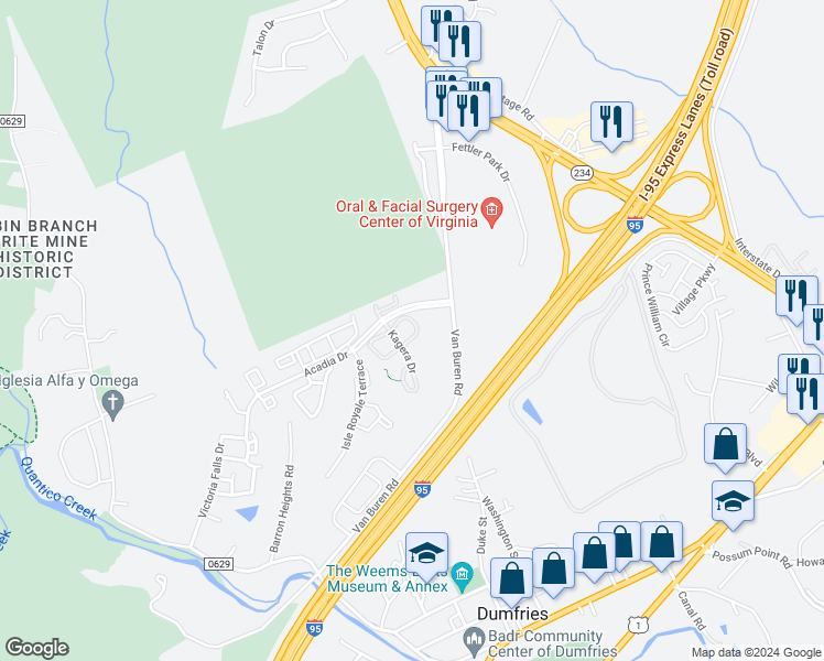 map of restaurants, bars, coffee shops, grocery stores, and more near 4020 Mammoth Cave Loop in Dumfries