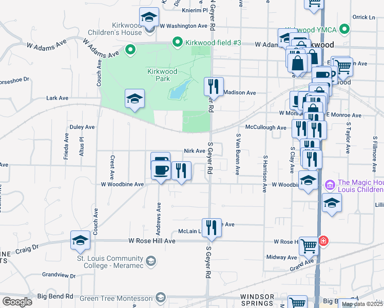 map of restaurants, bars, coffee shops, grocery stores, and more near 538 Nirk Avenue in Kirkwood