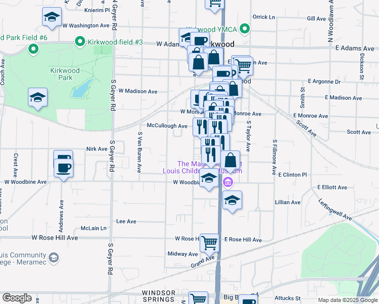 map of restaurants, bars, coffee shops, grocery stores, and more near 441 South Clay Avenue in Kirkwood