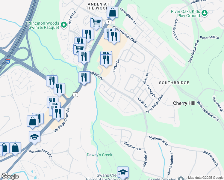 map of restaurants, bars, coffee shops, grocery stores, and more near 3213 Mountain Laurel Loop in Dumfries