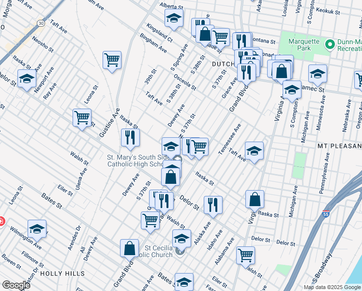 map of restaurants, bars, coffee shops, grocery stores, and more near 3702 Neosho Street in St. Louis