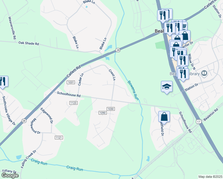 map of restaurants, bars, coffee shops, grocery stores, and more near 11170 Crest Lane in Bealeton