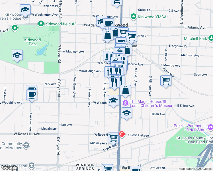 map of restaurants, bars, coffee shops, grocery stores, and more near 133 West Clinton Place in Kirkwood