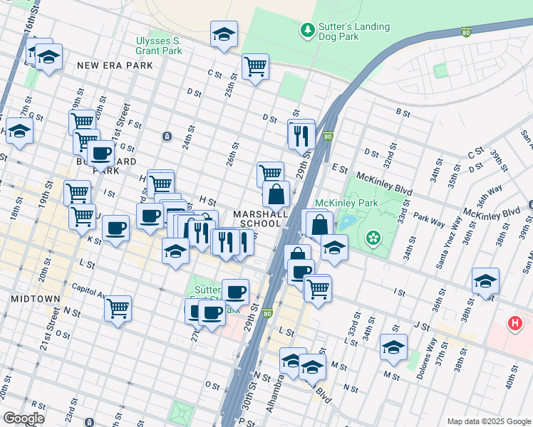 map of restaurants, bars, coffee shops, grocery stores, and more near 2718 G Street in Sacramento