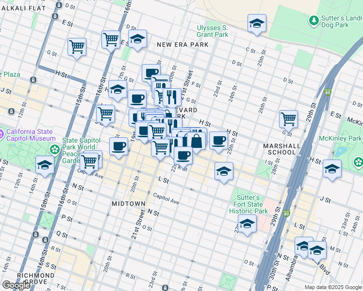 map of restaurants, bars, coffee shops, grocery stores, and more near 2114 I Street in Sacramento