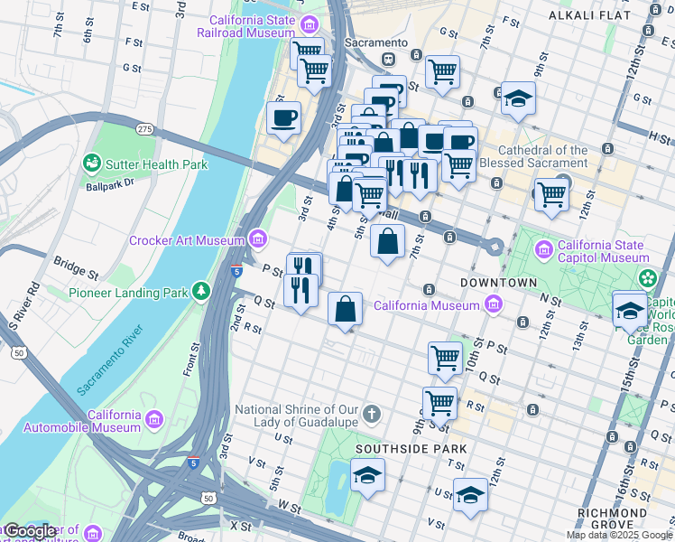 map of restaurants, bars, coffee shops, grocery stores, and more near 427 O Street in Sacramento