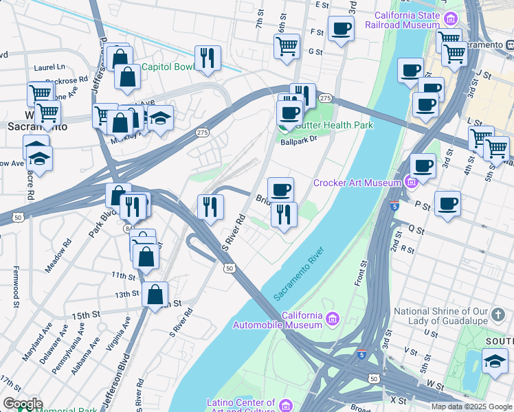 map of restaurants, bars, coffee shops, grocery stores, and more near 870 5th Street in West Sacramento