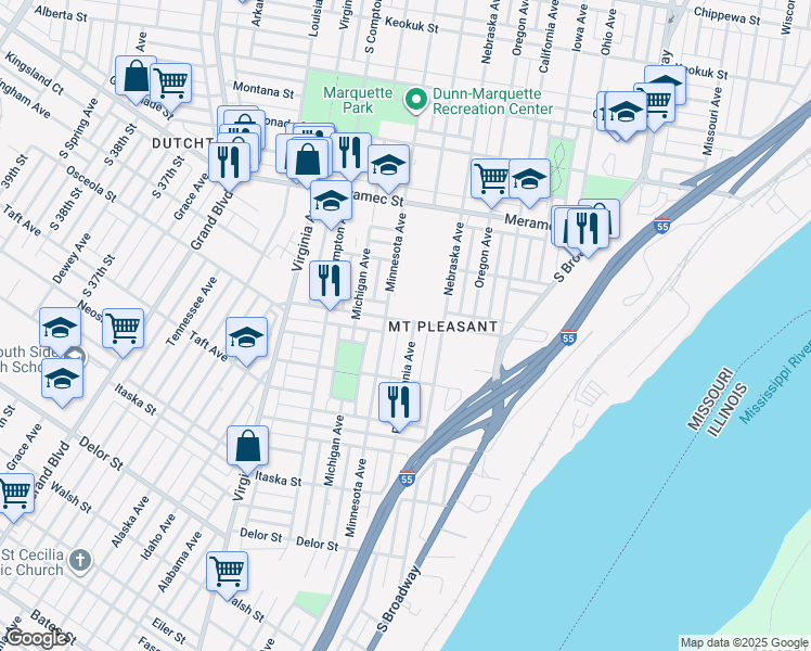 map of restaurants, bars, coffee shops, grocery stores, and more near 4333 Nebraska Avenue in St. Louis