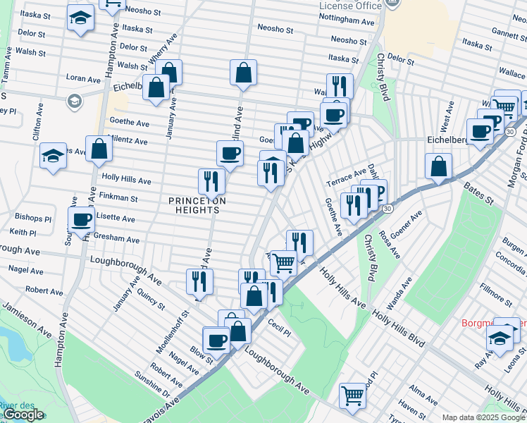 map of restaurants, bars, coffee shops, grocery stores, and more near 5861 South Kingshighway Boulevard in St. Louis