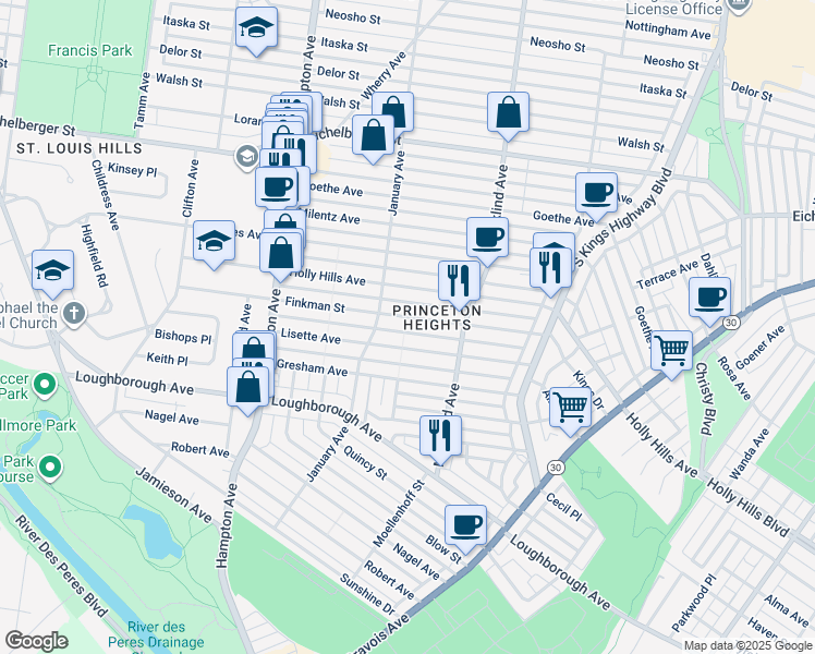 map of restaurants, bars, coffee shops, grocery stores, and more near 5515 Finkman Street in St. Louis