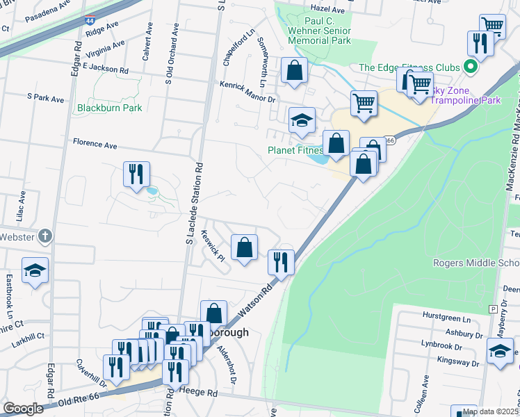 map of restaurants, bars, coffee shops, grocery stores, and more near 7663 Watson Road in St. Louis