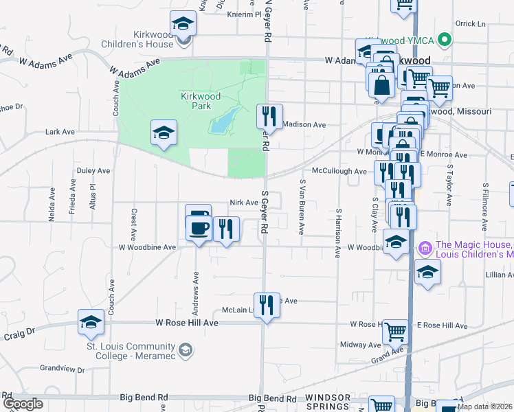 map of restaurants, bars, coffee shops, grocery stores, and more near 448 Colony Woods Drive in Kirkwood