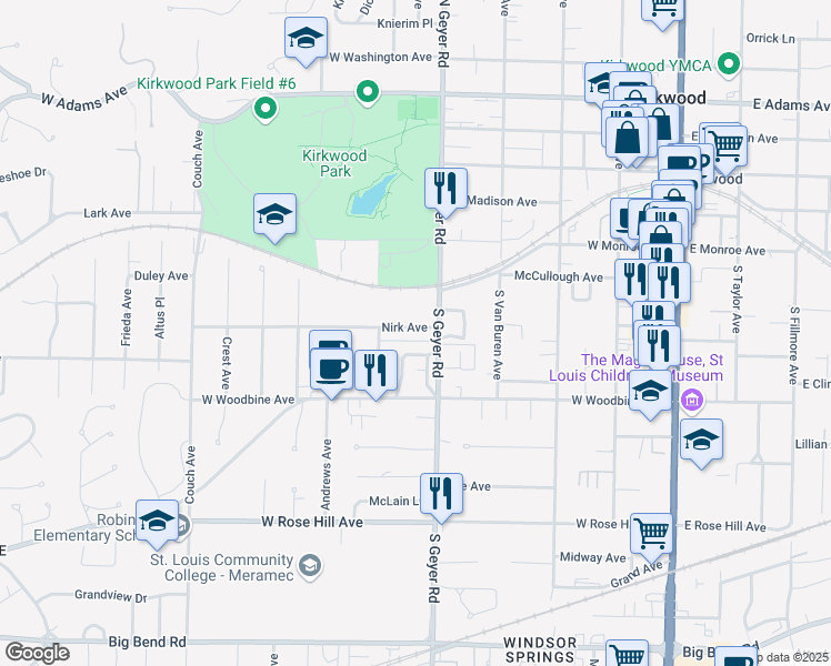 map of restaurants, bars, coffee shops, grocery stores, and more near 519 Nirk Avenue in Kirkwood