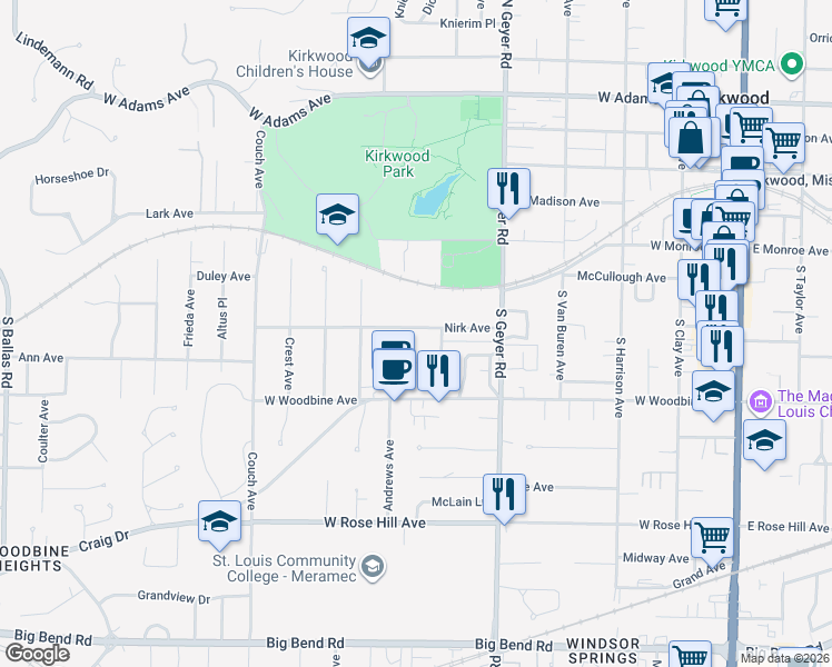 map of restaurants, bars, coffee shops, grocery stores, and more near 613 Nirk Avenue in Kirkwood
