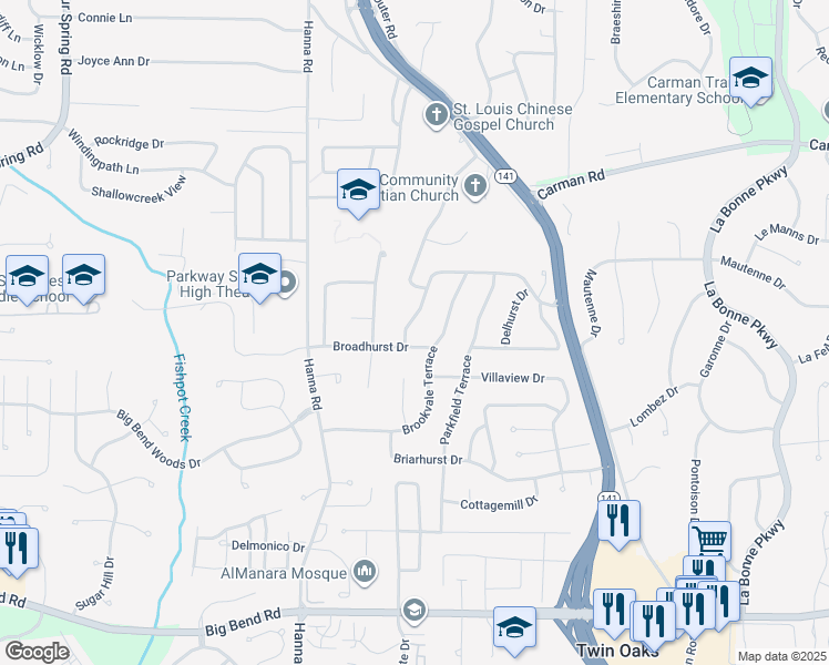 map of restaurants, bars, coffee shops, grocery stores, and more near 807 Bromfield Terrace in Ballwin