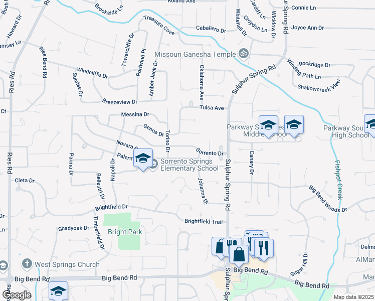 map of restaurants, bars, coffee shops, grocery stores, and more near 417 Sorrento Drive in Ballwin