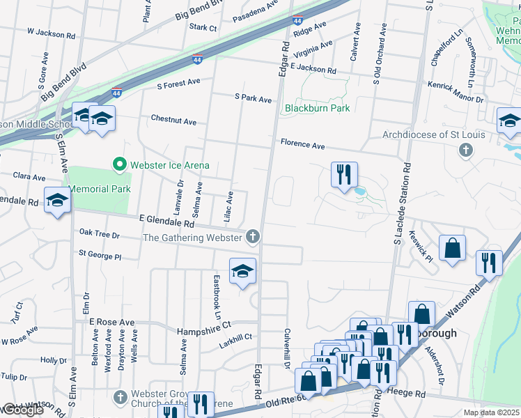map of restaurants, bars, coffee shops, grocery stores, and more near 801 Edgar Road in Webster Groves