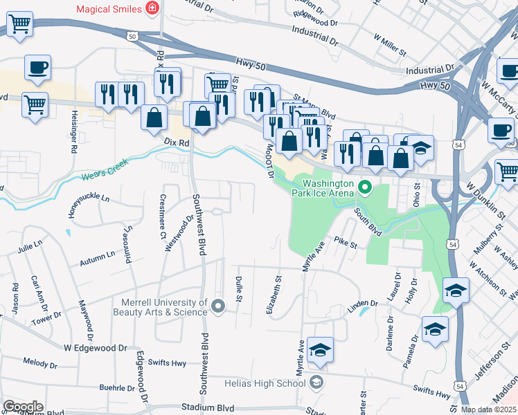 map of restaurants, bars, coffee shops, grocery stores, and more near 873 Southwest Boulevard in Jefferson City