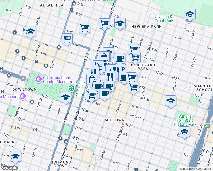 map of restaurants, bars, coffee shops, grocery stores, and more near 18th Street & K Street in Sacramento