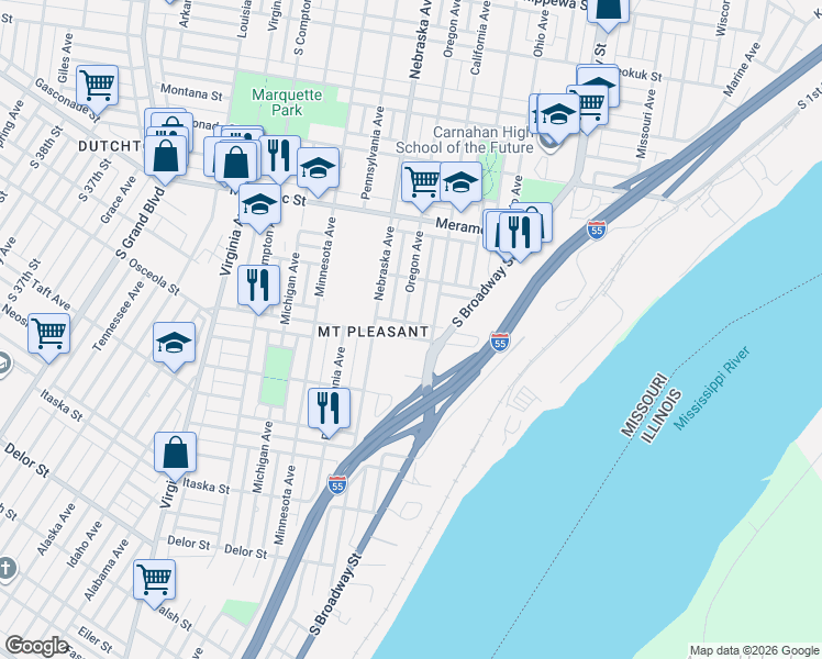 map of restaurants, bars, coffee shops, grocery stores, and more near 4331 California Avenue in St. Louis