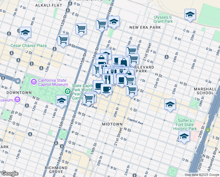 map of restaurants, bars, coffee shops, grocery stores, and more near 1812 J Street in Sacramento