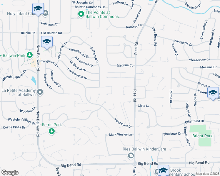 map of restaurants, bars, coffee shops, grocery stores, and more near 353 Marywood Court in Ballwin