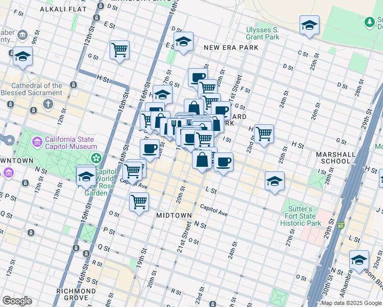 map of restaurants, bars, coffee shops, grocery stores, and more near 1050 20th Street in Sacramento