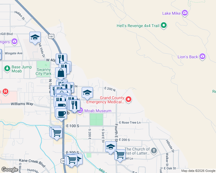 map of restaurants, bars, coffee shops, grocery stores, and more near 343 East 200 North in Moab