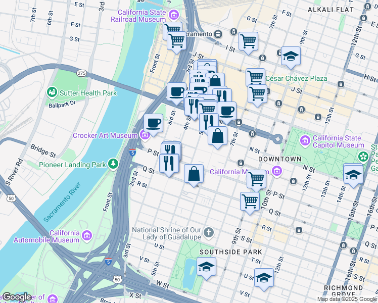 map of restaurants, bars, coffee shops, grocery stores, and more near 1500 5th Street in Sacramento