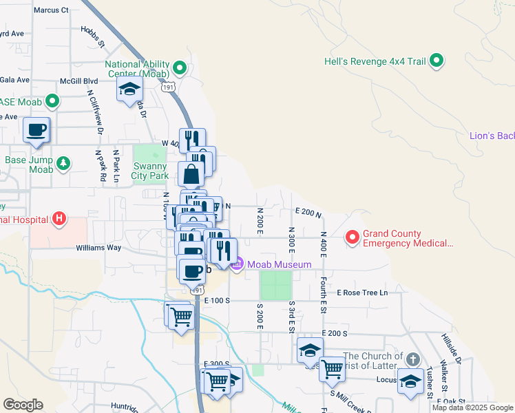 map of restaurants, bars, coffee shops, grocery stores, and more near 198 East 200 North in Moab