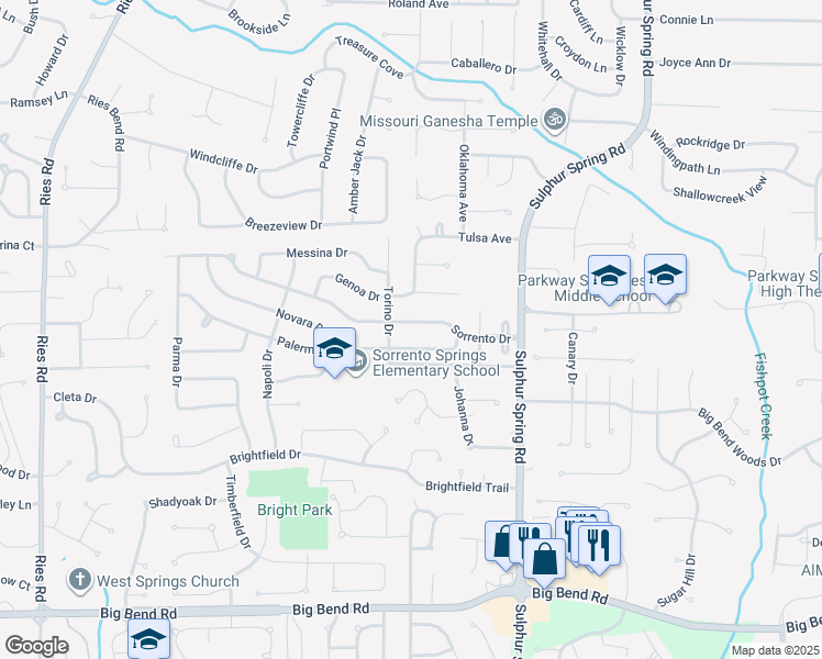 map of restaurants, bars, coffee shops, grocery stores, and more near 404 Sorrento Drive in Ballwin