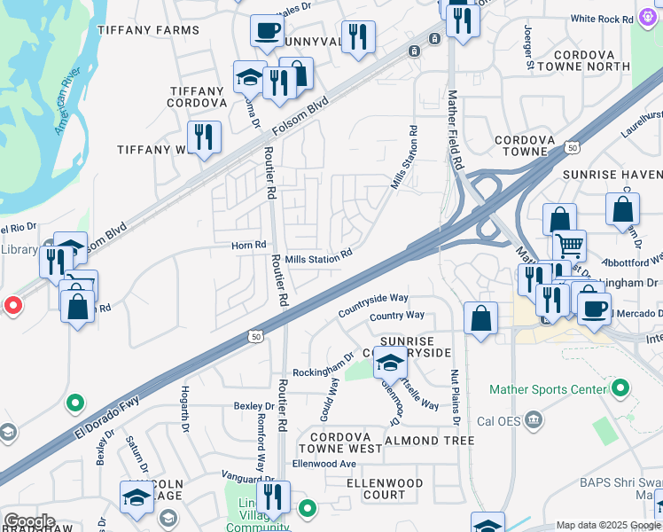 map of restaurants, bars, coffee shops, grocery stores, and more near 10035 Mills Station Road in Sacramento
