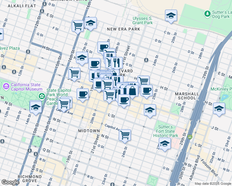 map of restaurants, bars, coffee shops, grocery stores, and more near 2114 I Street in Sacramento