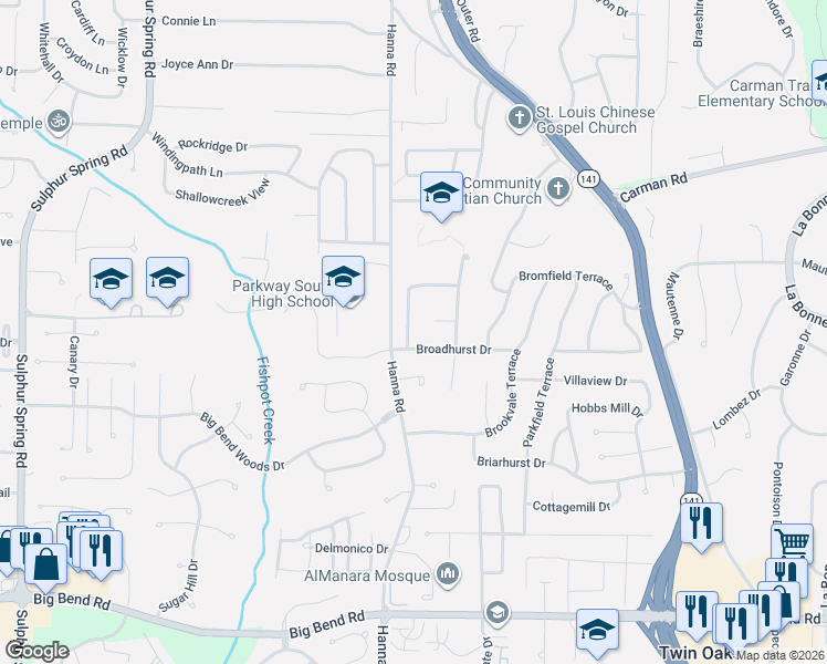 map of restaurants, bars, coffee shops, grocery stores, and more near 817 Courtland Place in Ballwin