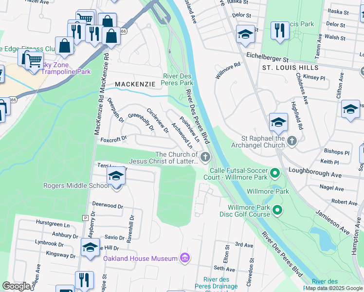 map of restaurants, bars, coffee shops, grocery stores, and more near 6825 Circleview Drive in St. Louis