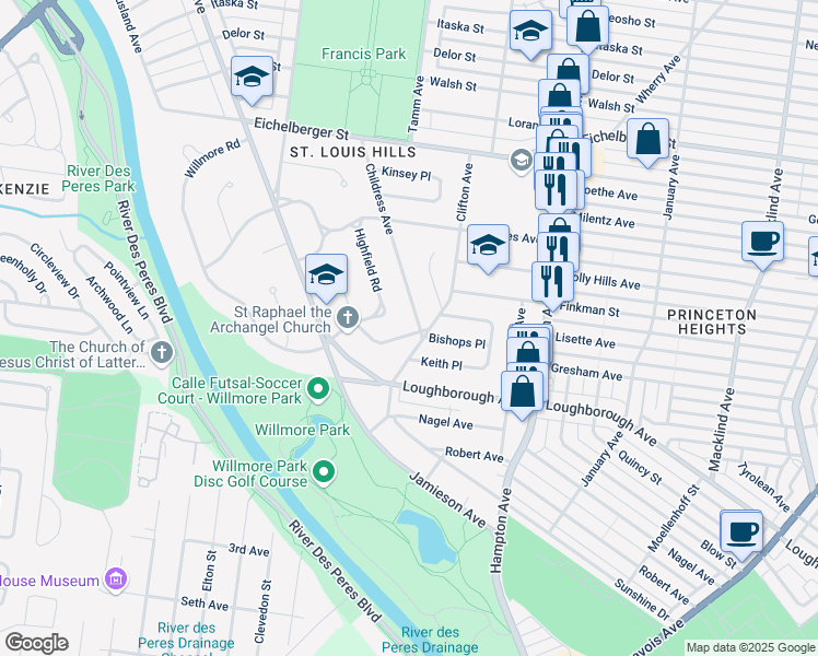 map of restaurants, bars, coffee shops, grocery stores, and more near 6043 Childress Avenue in St. Louis