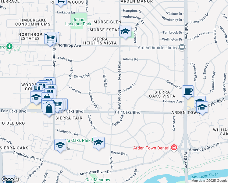 map of restaurants, bars, coffee shops, grocery stores, and more near 630 Mills Road in Sacramento