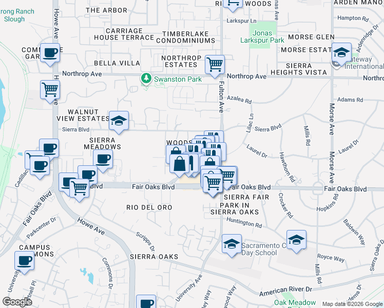 map of restaurants, bars, coffee shops, grocery stores, and more near 544 Woodside Oaks in Sacramento