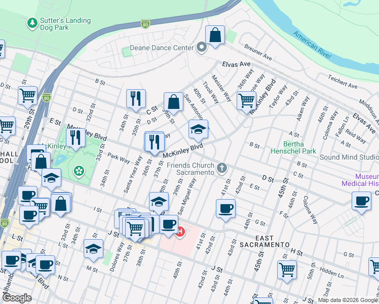 map of restaurants, bars, coffee shops, grocery stores, and more near 349 39th Street in Sacramento
