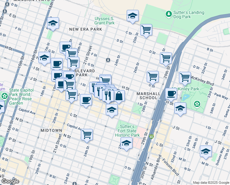 map of restaurants, bars, coffee shops, grocery stores, and more near 2414 H Street in Sacramento