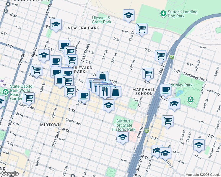 map of restaurants, bars, coffee shops, grocery stores, and more near 2414 H Street in Sacramento