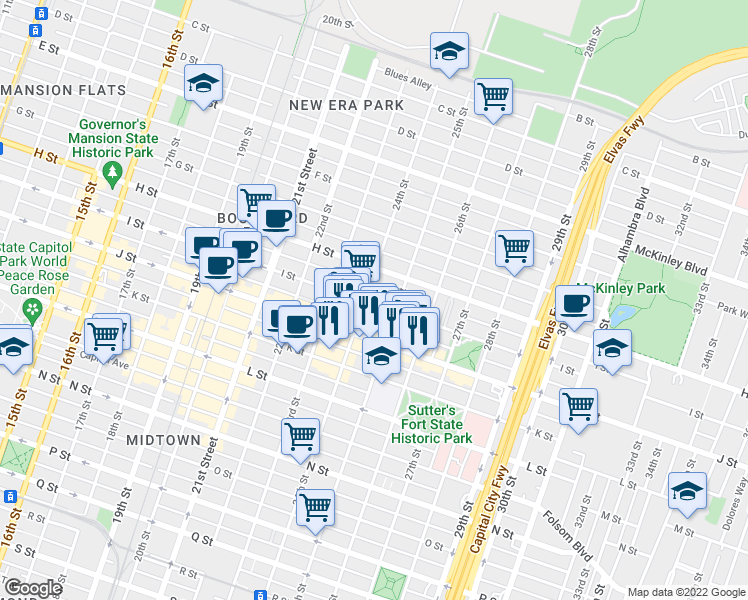 map of restaurants, bars, coffee shops, grocery stores, and more near 2414 H Street in Sacramento