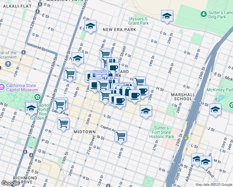 map of restaurants, bars, coffee shops, grocery stores, and more near 2114 I Street in Sacramento