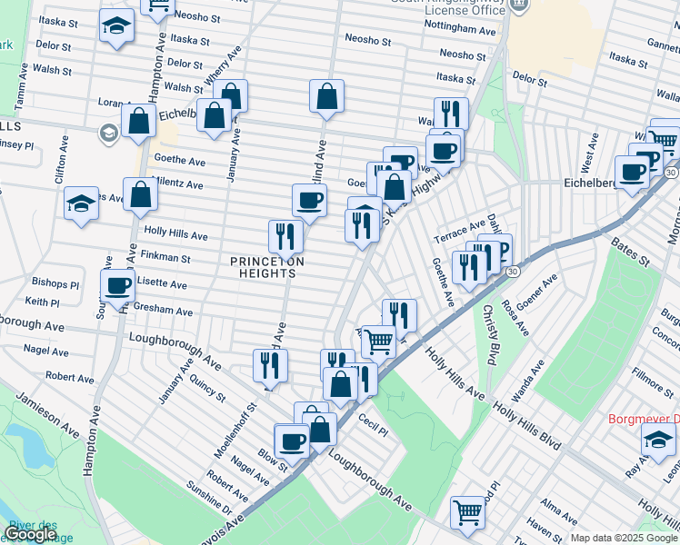 map of restaurants, bars, coffee shops, grocery stores, and more near 4950 Holly Hills Avenue in St. Louis