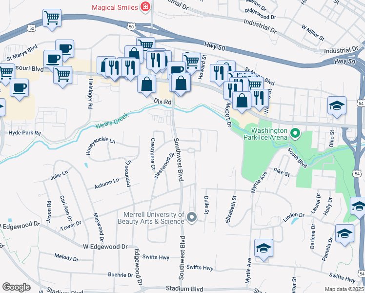 map of restaurants, bars, coffee shops, grocery stores, and more near 823 Southwest Boulevard in Jefferson City