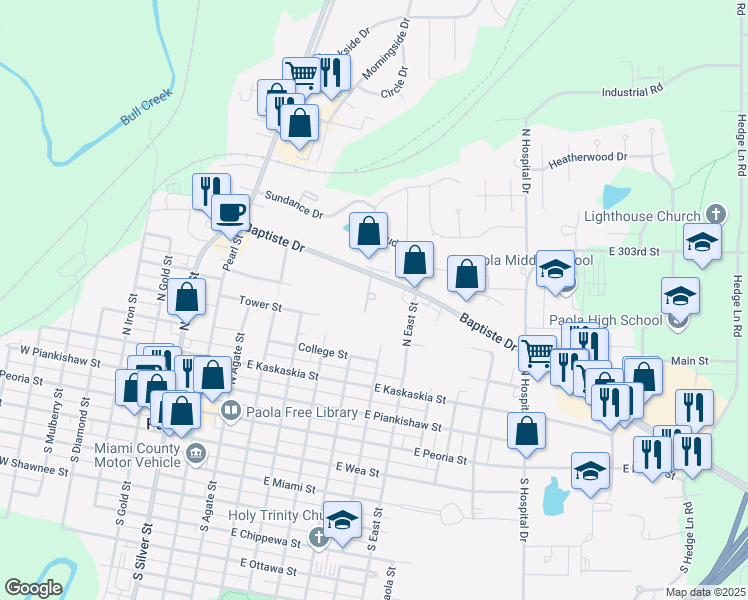 map of restaurants, bars, coffee shops, grocery stores, and more near 507 Baptiste Drive in Paola
