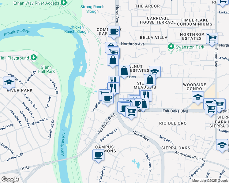 map of restaurants, bars, coffee shops, grocery stores, and more near 623 Howe Avenue in Sacramento
