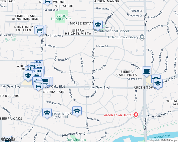 map of restaurants, bars, coffee shops, grocery stores, and more near 630 Mills Road in Sacramento